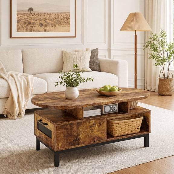 47" Oval Coffee Table with Drawer & Open Compartments, Center Table Cocktail Tea Table for Living Room,Rustic Brown