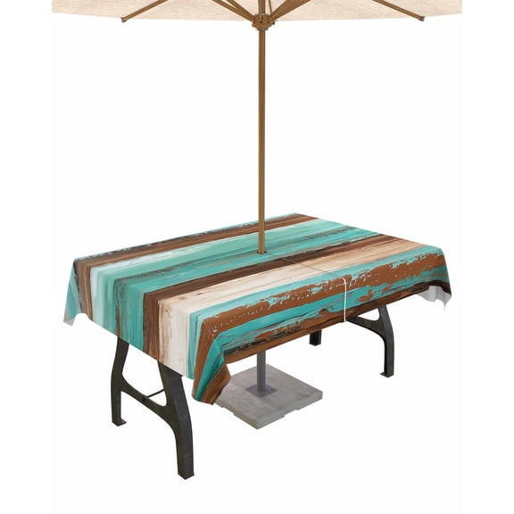 Fsddascl Turquoise Brown Outdoor Tablecloth - 52x70 Inch Rectangle Dining Table Cover, Watercolor Modern Abstract Striped Waterproof Outdoor Table Cloth with Umbrella Hole & Zipper for Picnic/Patio