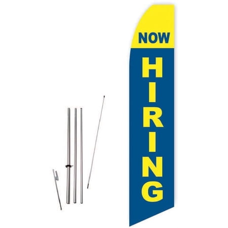 Now Hiring Blue/Yellow Super Novo Feather Flag - Complete with 15ft Pole Set and Ground Spike