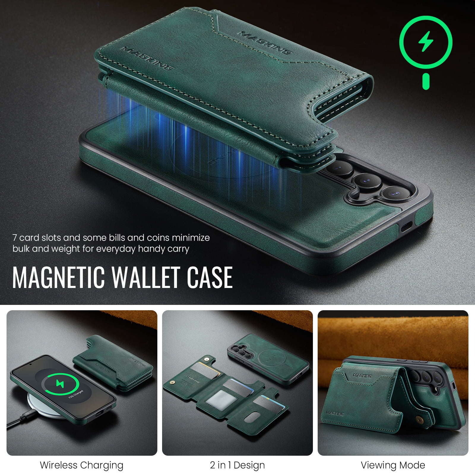 Designed for Samsung Galaxy S25+ Wallet Phone Case,Magnetic Detachable Flip Card Holder,Back Flip Kickstand,Compatible with Mag-Safe,2-in-1 PU Leather Heavy Duty Shockproof Phone Case,Green