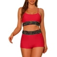 thumbnail image 1 of Conjuntos de bikini de color contrastante para mujer de 2 piezas, traje de baño de cintura alta con escote redondo, pequeño, rojo, 1 of 5