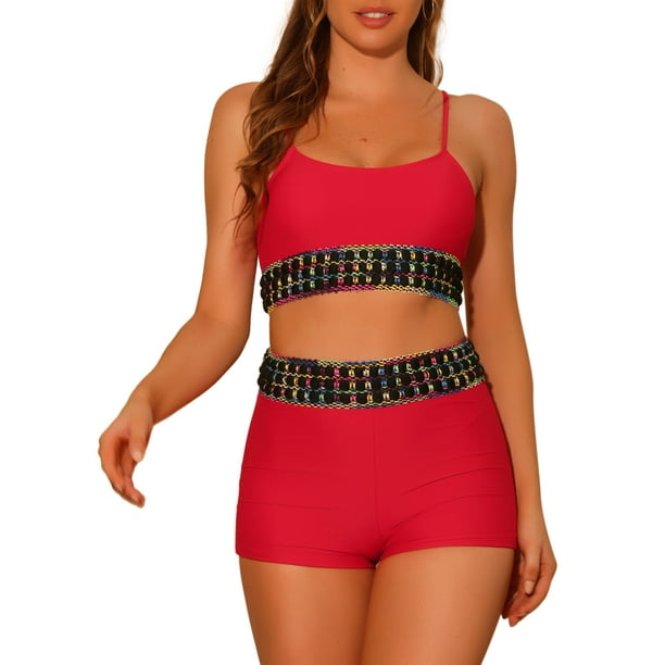 Conjuntos de bikini de color contrastante para mujer de 2 piezas, traje de baño de cintura alta con escote redondo, talla X-Large, rojo