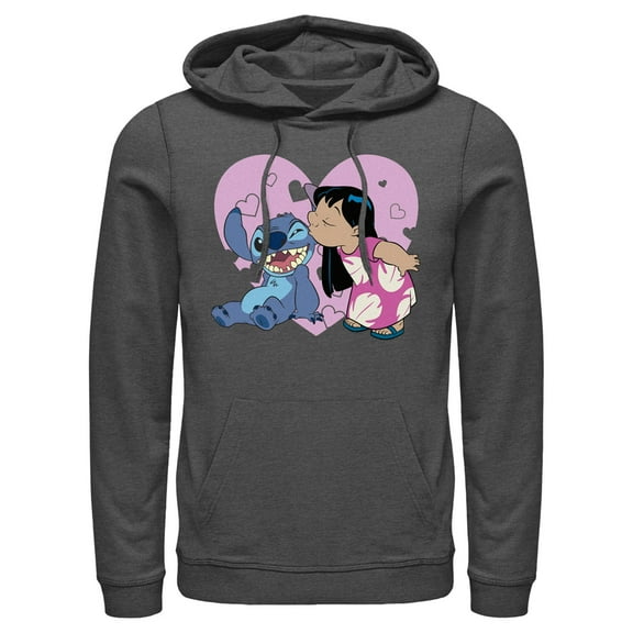 Men's Lilo & Stitch Kisses Pull Over Hoodie Charcoal Heather Medium
