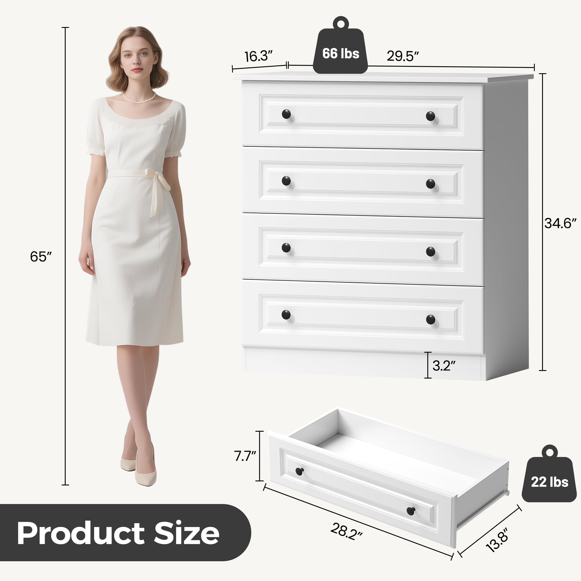 4 Drawer White Dresser for Bedroom, 35 Inch Tall Storage Chest with Large Drawers, Modern Space Saving Furniture for Hallway, Entryway (White)