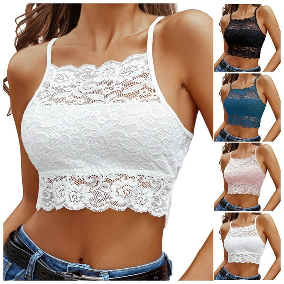 yueewhu Lace Bralette for Women High Neck Camisoles Racerback Double-Layered Crop Top (White, M)