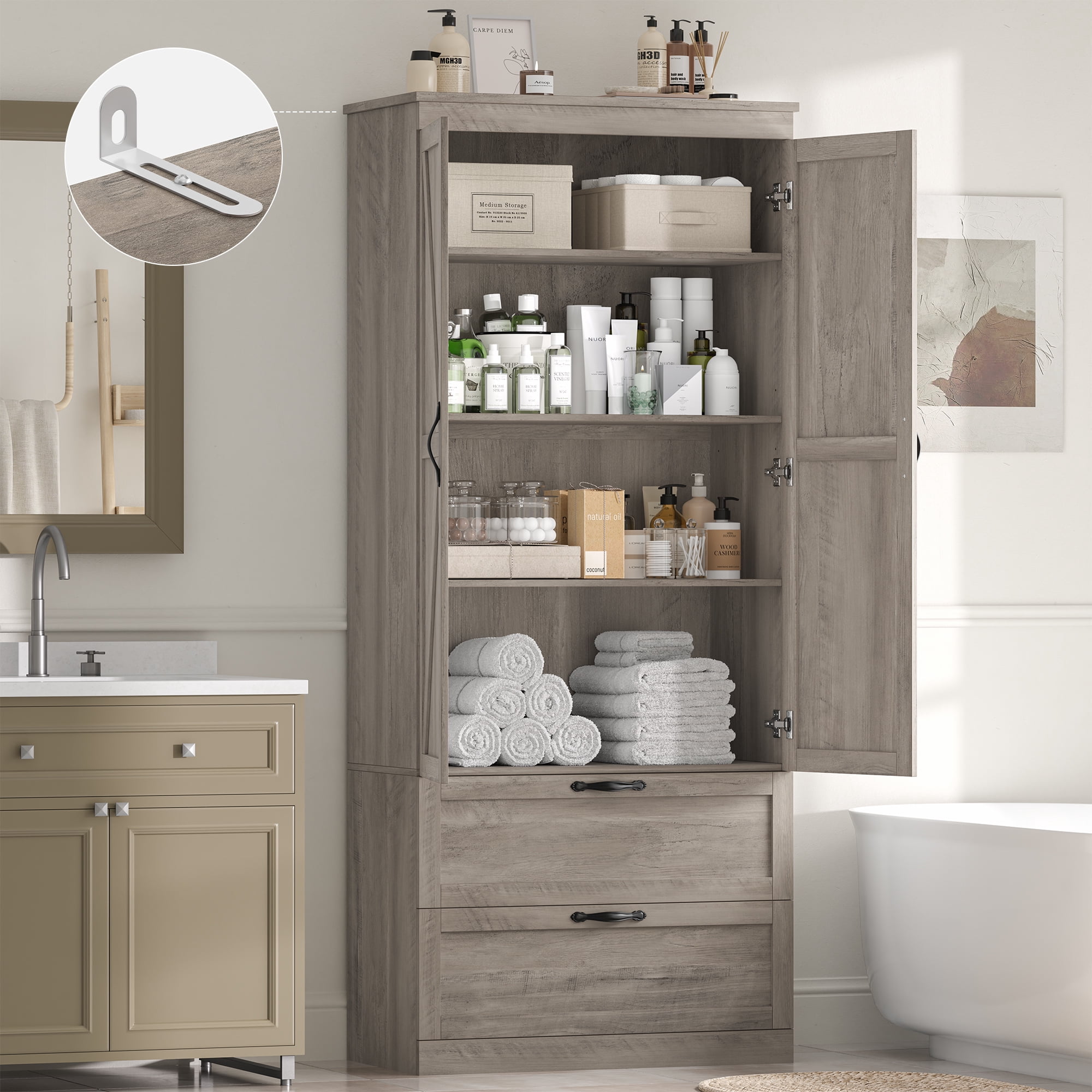 Homfa 70.3"H Bathroom Storage Cabinet, Farmhouse Linen Storage Cabinet with 2 Drawers, Wash Gray