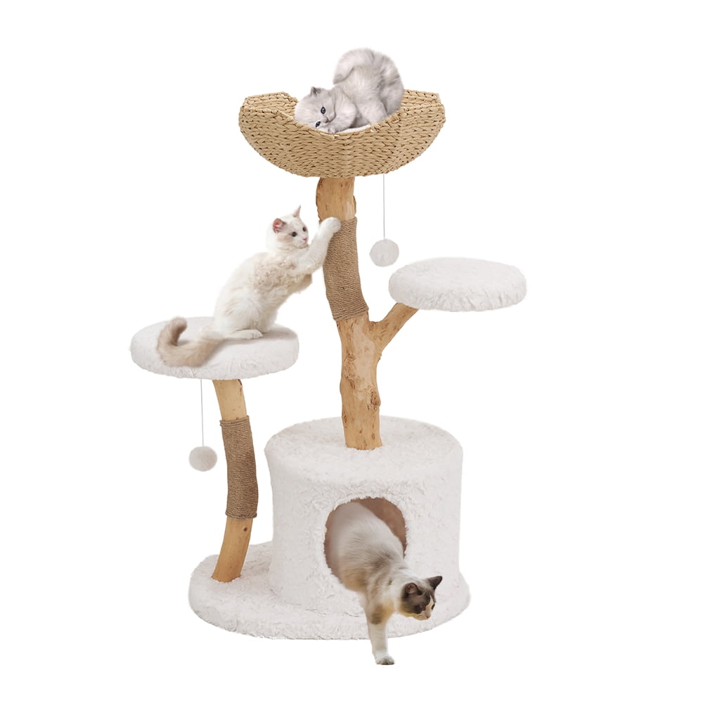 Unipaws Modern Cat Tree Tower for Small and Large Cats, Real Solid Wood Branch Luxury Cat Condo with Scratching Post and Cat Bed
