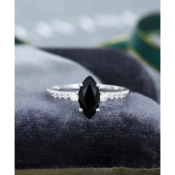 2Ct Marquise Cut Simulated Black Diamond Solitaire With Accents Engagement Ring 14K White Gold Plated