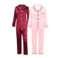 thumbnail image 2 of Pxiakgy Pajamas for Women Set Lady's Autumn Pajamas Long Sleeve Shirt Set Solid Color Casual Small Lapel Cardigan Wear Satin Pajama Set for Women Z-Pink1 L, 2 of 5