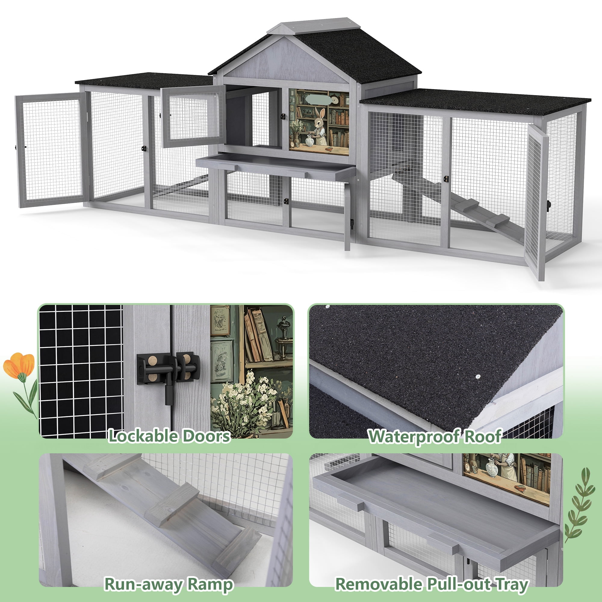 83" Wood Fashion Rabbit Hutch Chicken Coop Wooden Small Animal House, Grey