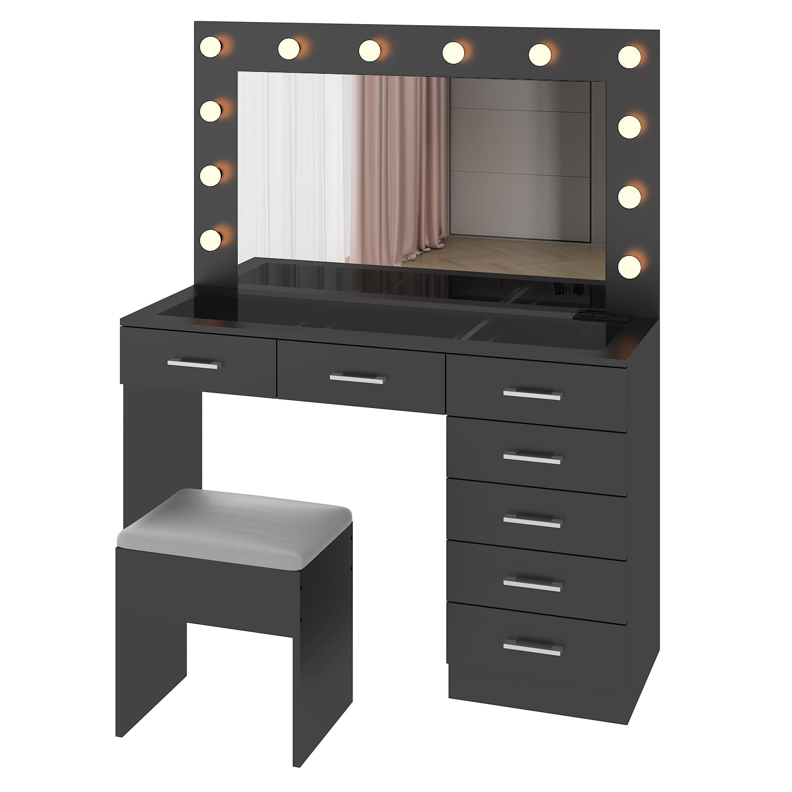 Ktaxon Large Makeup Vanity, Get Ready with Me GRWM Vanity Table Set w/ Visible Glass Top w/ Charging Station, White