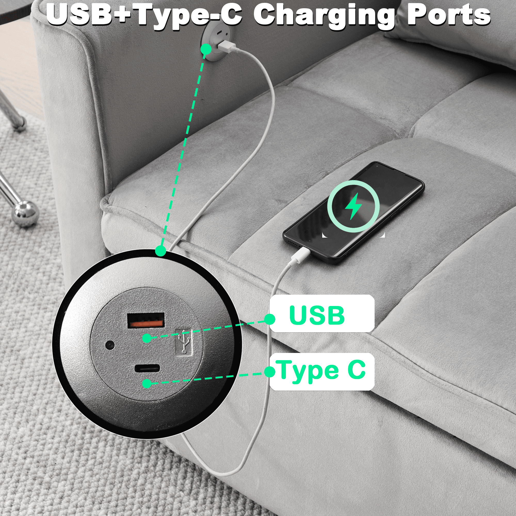 BINBANK Velvet 3-in-1 Convertible Sleeper Sofa – USB Charging, Adjustable Backrest Pull-Out Loveseat Couch for Living Room, Apartment & Small Space,Gray