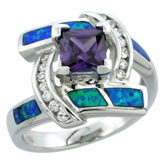 925 Sterling Silver Synthetic Blue Opal Princess Cut Amethyst CZ Ring 16mm