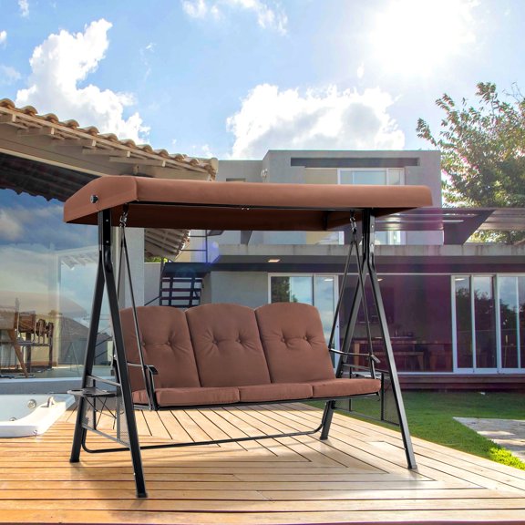 MCombo 3 Seat Outdoor Patio Swings with Adjustable Canopy, Retractable Trays, Cushions for Backyard, Poolside, Balcony 4092(Brown)
