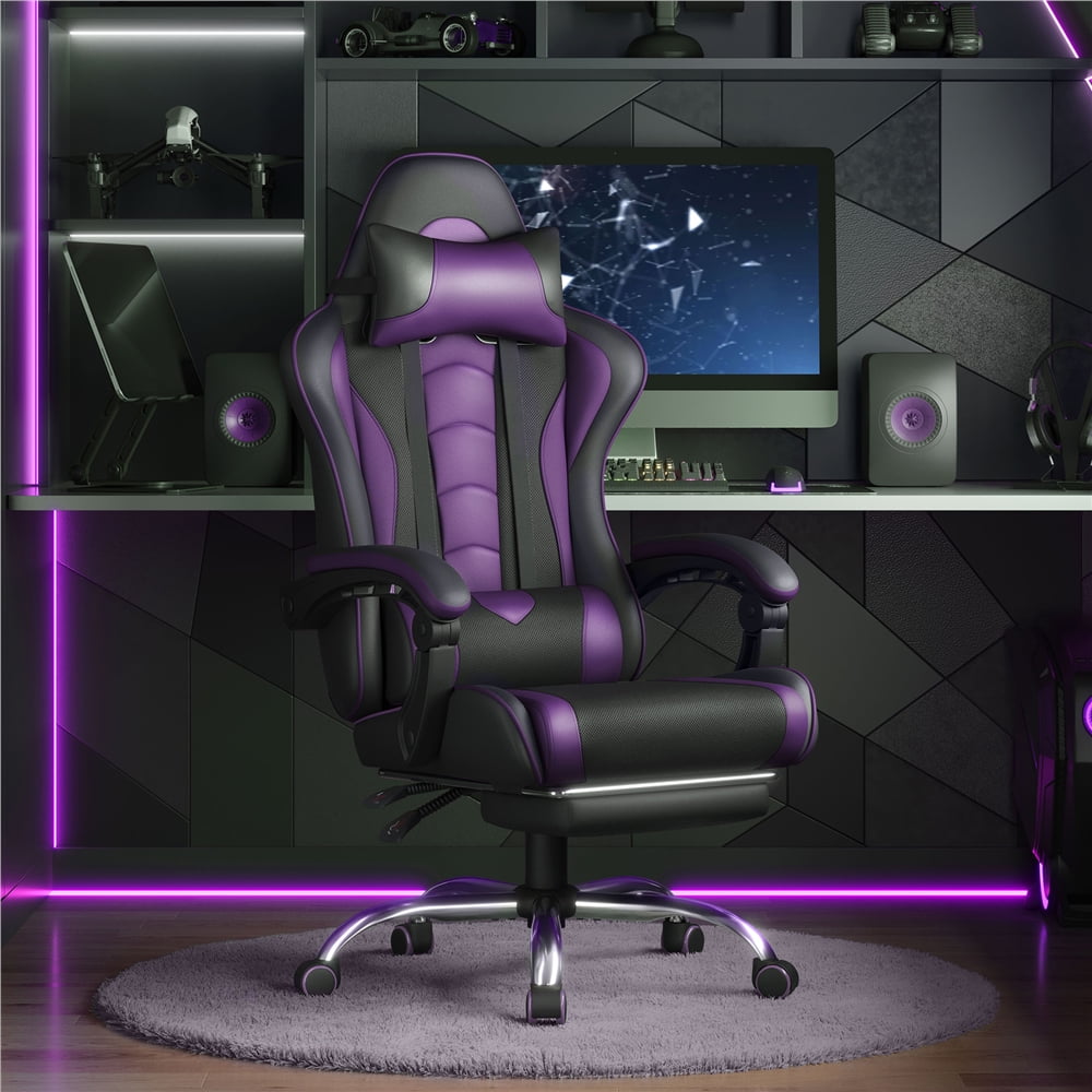 Yaheetech High Back Ergonomic Gaming Chair with Footrest, Massage Lumbar Pillow, Black/Purple