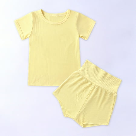 

BadyminCSL Toddler Kids Baby Boys Girls Fashion Cute Solid Color Short Sleeve High Waist Shorts Cotton Casual Suit