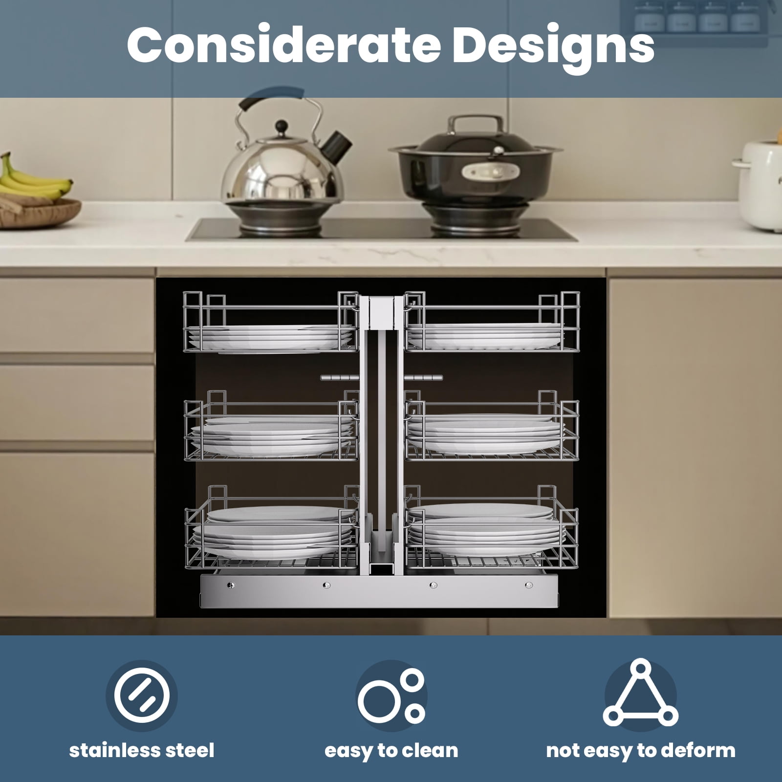 3 Tier 6 Shelf Blind Corner Pull Out Organizer,For Cabinets With Grid Design, Stainless Steel Kitchen Storage Organization, 103 Lbs Under Cabinet Organizer With Metal Glide Slot