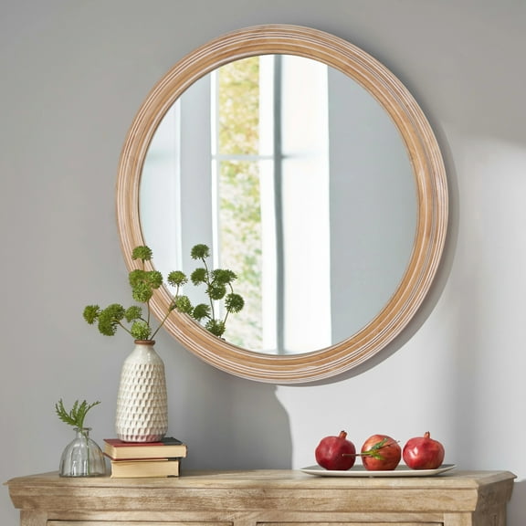 27.5 Inches Round Wall Mirror for Bathroom Vanity, Rustic Wooden Farmhouse Circle Mirror for Bedroom, Entryway, Living Room, Kitchen, Whitewash Finish Decorative Mirror for Home or Office