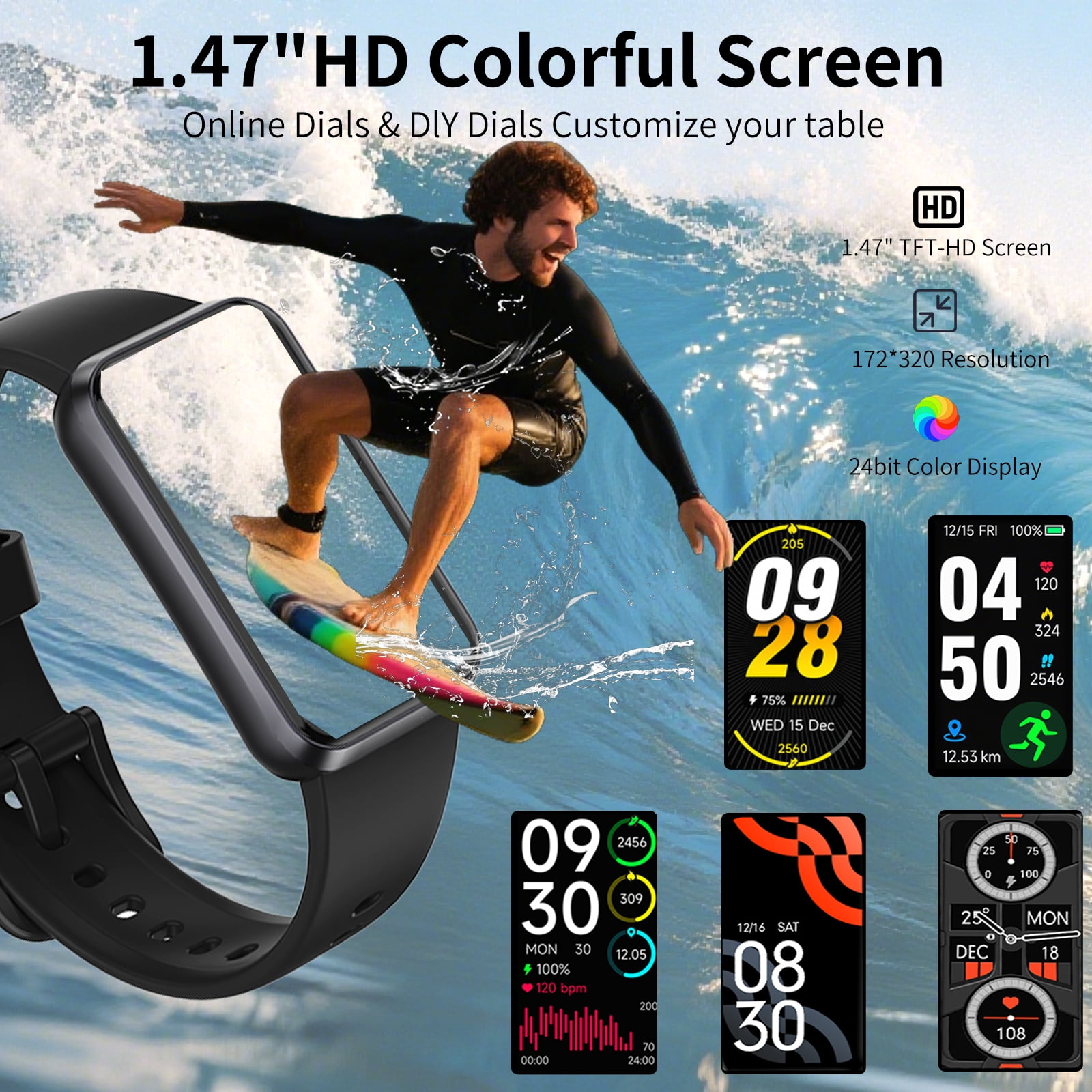 1.47" Fitness Tracker Smartwatch for Women Men with Multiple Sport Modes Step Counter Bluetooth Calls (Make/Answer) IP68 Waterproof, Fitness Tracker Compatible with Android/iOS, for Gifts, Black