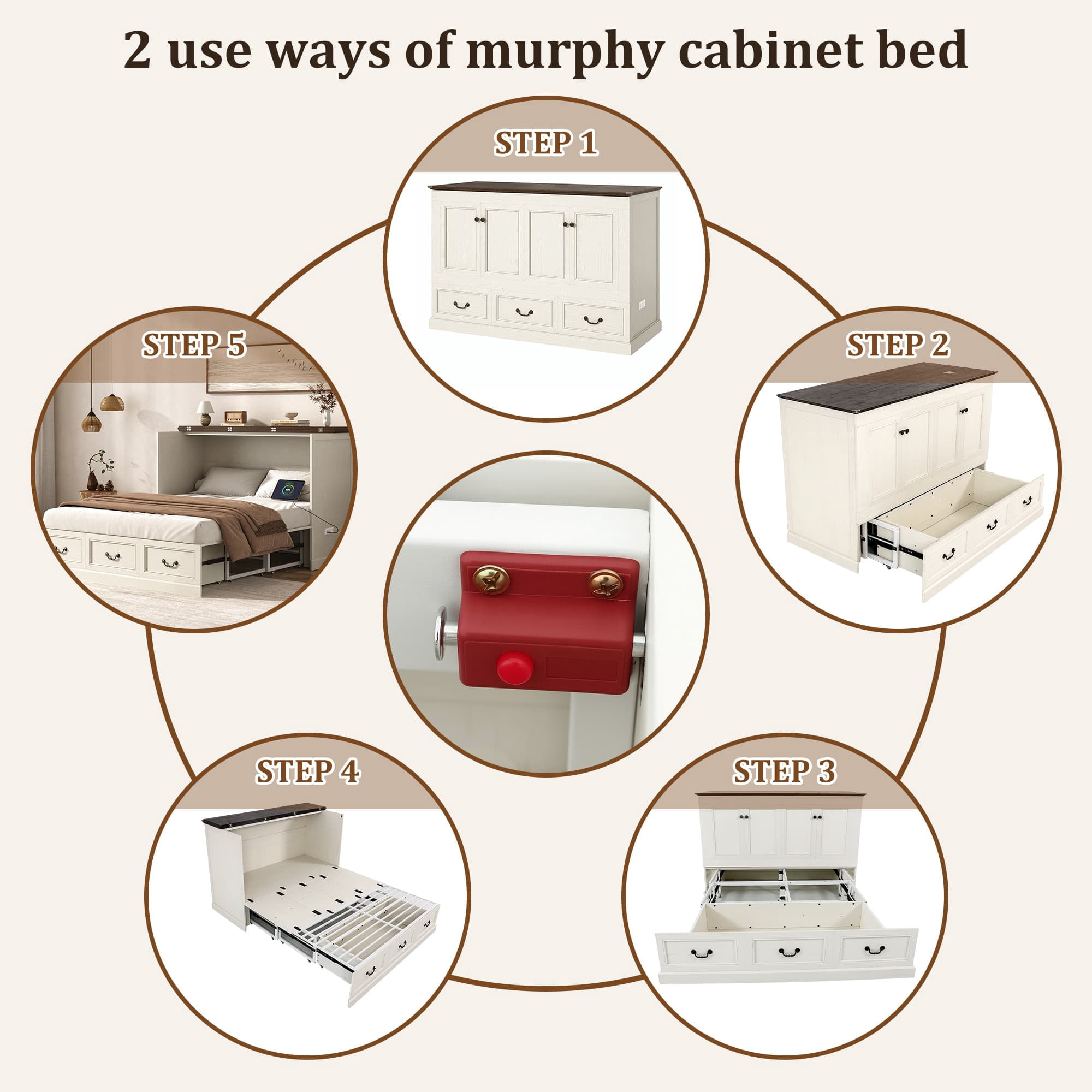 Queen Size Murphy Cabinet Bed with Large Drawer and Power Charging Station,Farmhouse Chest Bed for Living Room/Guest Room, No Wall Mounting Required