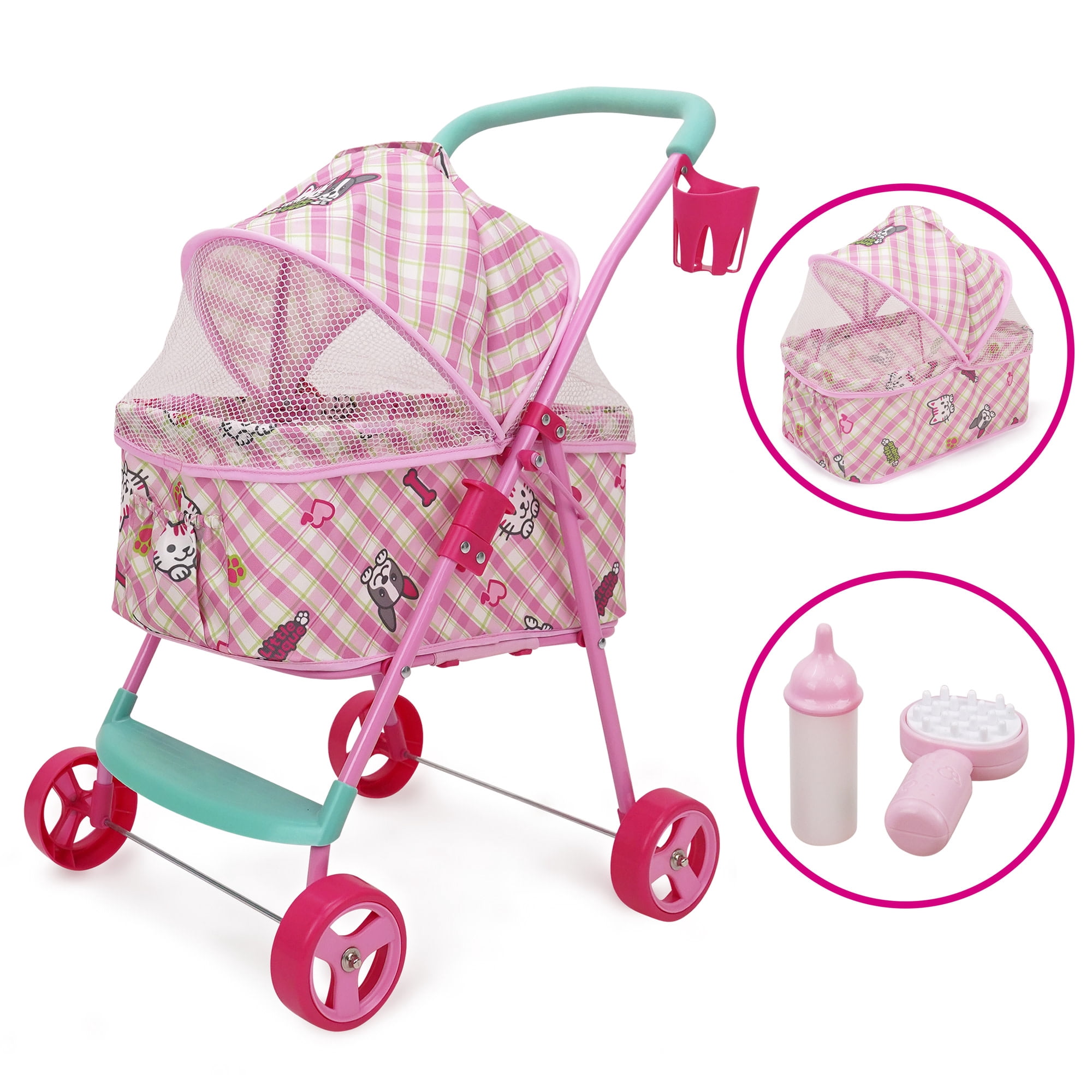 509 Crew: Little Duque 2-In-1 Pet Doll Toy Pram - Pink-Puppy-Kitten Print, Stuffed Animal Stroller w/ Removable Bassinet, Sun Canopy, Roleplay, Kid 3+