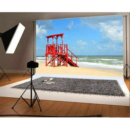 Image of ABPHOTO 7x5ft Photography Backdrop Beach Seaside Red Viewing Plat Waves Blue Sky White Cloud Nature Summer Travel Photo Background Backdrops