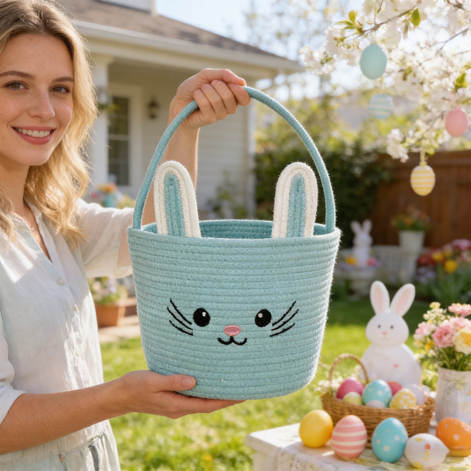 Lunxisen 4 Pcs Easter Storage Basket Hand-woven Decorative Home Organizer Holiday Decor Rabbit Shape Woven Bin