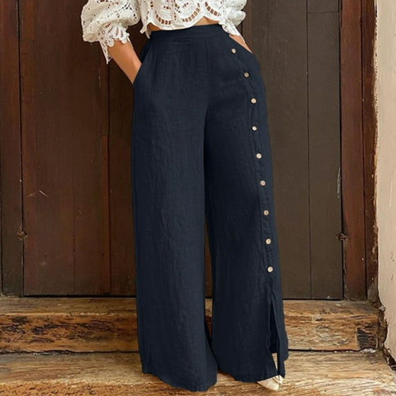 Lilgiuy Women's Button-Split Wide-Leg Pants High-Waist Trousers Loose-Fitting Casual Pants Alt Clothing Alternative Clothing