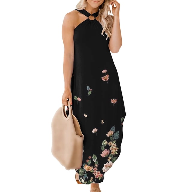 SMihono Robe Maxi Bohème d'Été pour Femmes Grande Taille Robe Maxi Bohème d'Été pour Femmes Robe Décontractée Croisée Sans Manches Fendue Longue Robe de Plage avec Poches Robe de Plage