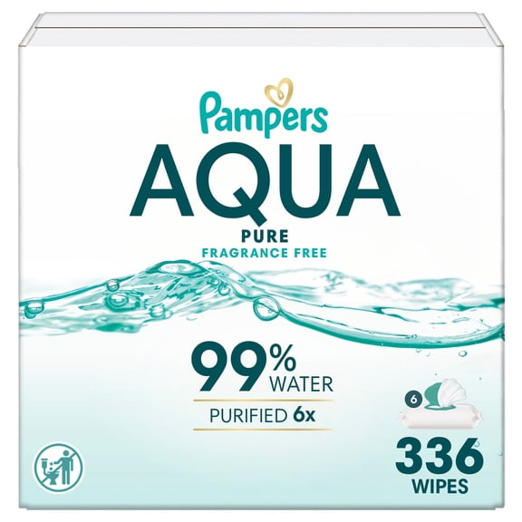 Lingettes pour bébés Pampers Aqua Pure, 99 % d’eau, sans parfum, non parfumées, à base d’eau, lingettes pour bébés à usage multiple, total de 336 lingettes pour bébés (6X emballages rabattables)