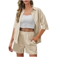 thumbnail image 2 of Prix Réduit, Ensemble de Shorts Décontractés pour Femme à la Maison, Couleur Unie, Coupe Ample, Manches Courtes, Col Rabattu, Confortable, Tenue d'Intérieur, Tous les Jours, Tissu Doux Tissu Doux/95 % Polyester 5 % Élasthanne, Kaki, 2 of 8