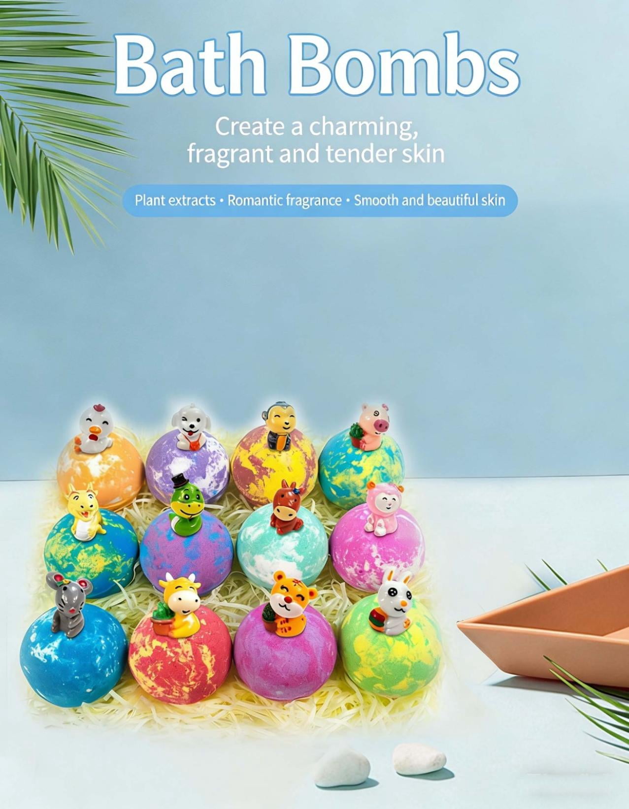 12PCs Forest Themed Bath Bombs Set With Surprise Inside,Mega Bubble Salt Ball Gift Set With Cute Chinese Zodiac Ornaments Inside,Natural Ingredient Bath Salt Skin-Friendly Bathing for Family