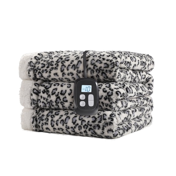 SUNNY HEAT Full Size Electric Heated Blanket - 72''x84'' Soft Flannel, 10 Heating Levels with 1-12H Auto Off, Safety Overheat Protection, Leopard Blue & White Design