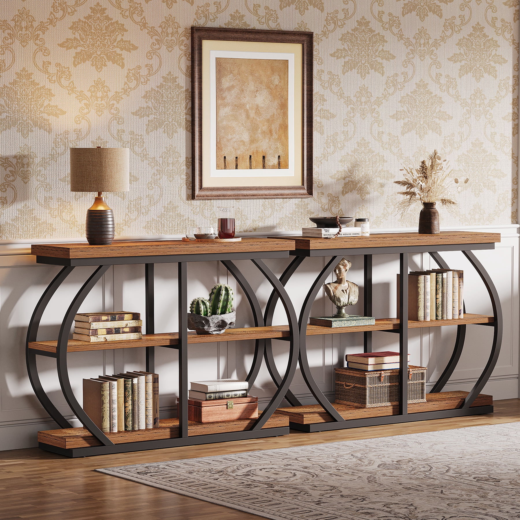 Tribesigns 41.3" Industrial Console Table: 3-Tier, Arched Metal Frame, Entryway Table with Storage Shelves, Mix Brown & Black