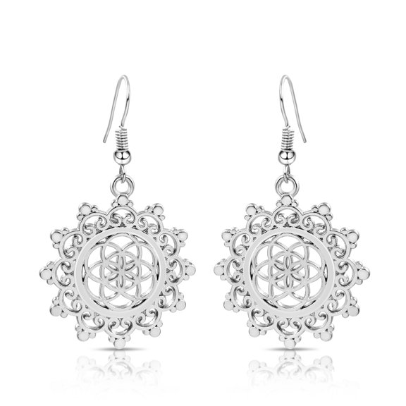 Besheek Silvertone Seed of Life Flower Boho Beach Gala Style Dangle Earring