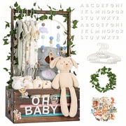 TeSabMi Baby Shower Crate Closet, Large Wooden Baby Shower Gift Basket with Alphabet Letters, 5 Clothes Hangers and Vine, Brown