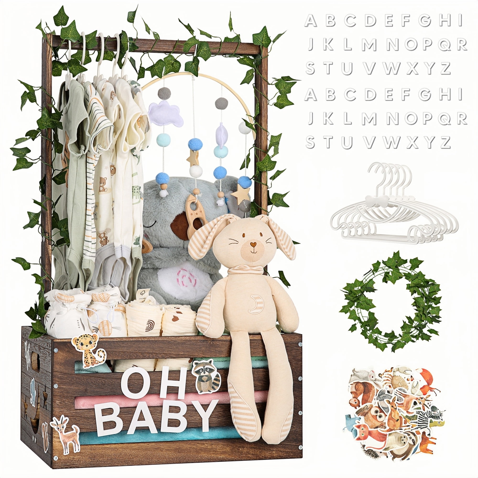 TeSabMi Baby Shower Crate Closet, Large Wooden Baby Shower Gift Basket with Alphabet Letters, 5 Clothes Hangers and Vine, Brown