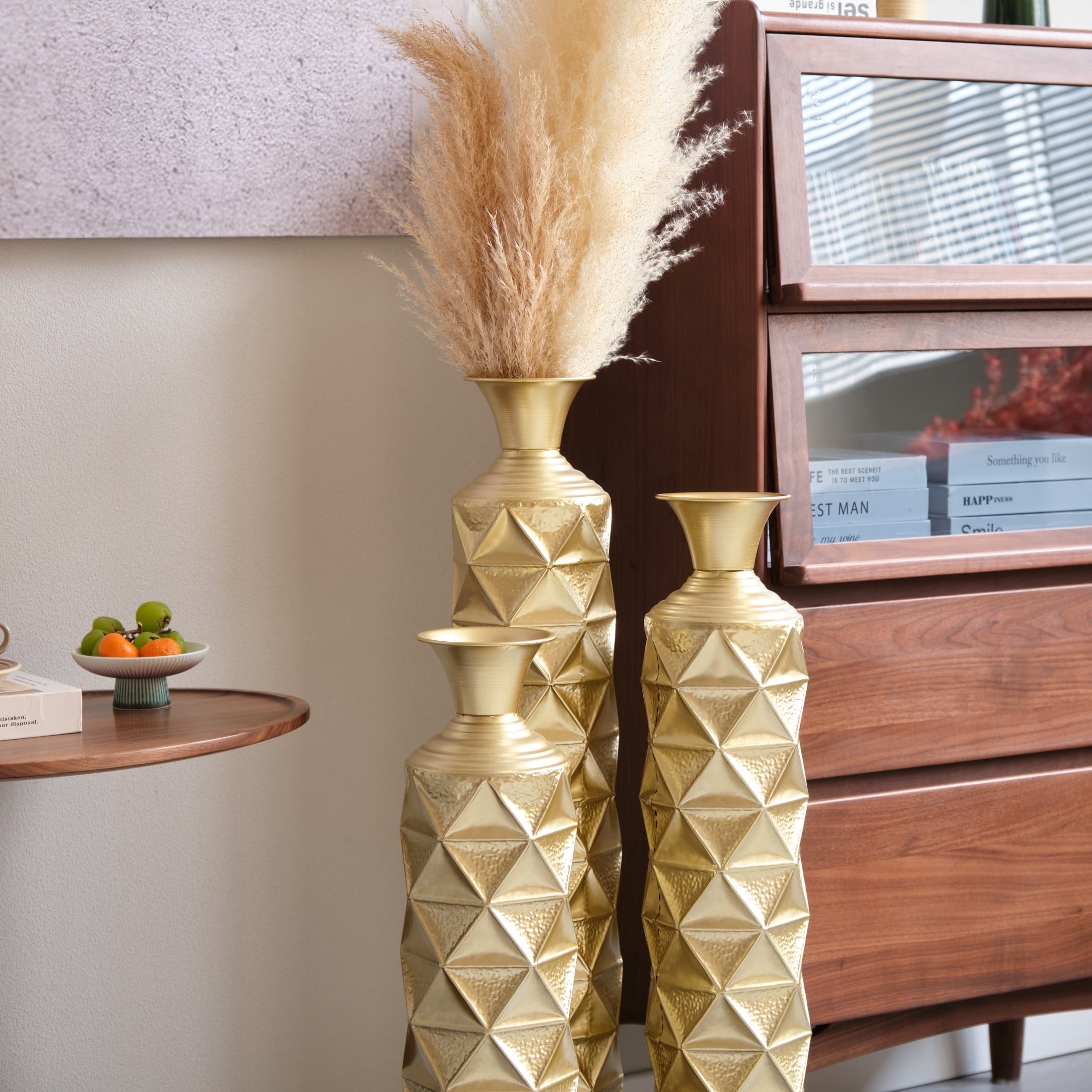 Noble House 3-Piece Metal Floor Vase Set, 33.5", 29.5", 25.2" Diamond Pattern Vases, Antique Gold