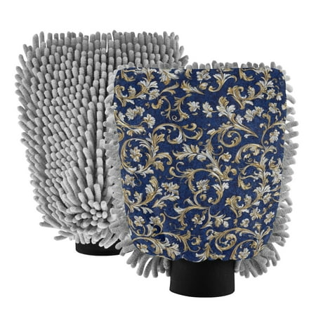 Microfiber Car Wash Gloves With Chenille & Polyester Terry Scratch-Free Cleaning Elastic Cuffs Royal Blue and White Pattern
