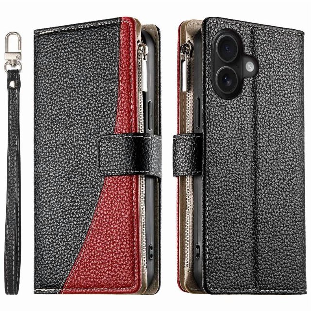 Funda cartera GANGXUN para iPhone 16 , cuero PU con tarjetero, cremallera, correa de mano, soporte y protección 931°