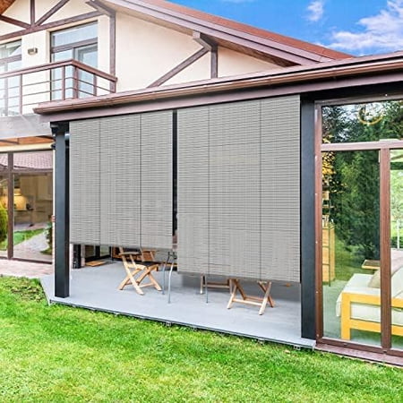 Outdoor Shade  Striped Hollow Out Roll Up Shade Blind Sun Shade For Patio Porch Back Yard Gazebo Deck Balcony (8 W X 11 L  Light Grey)