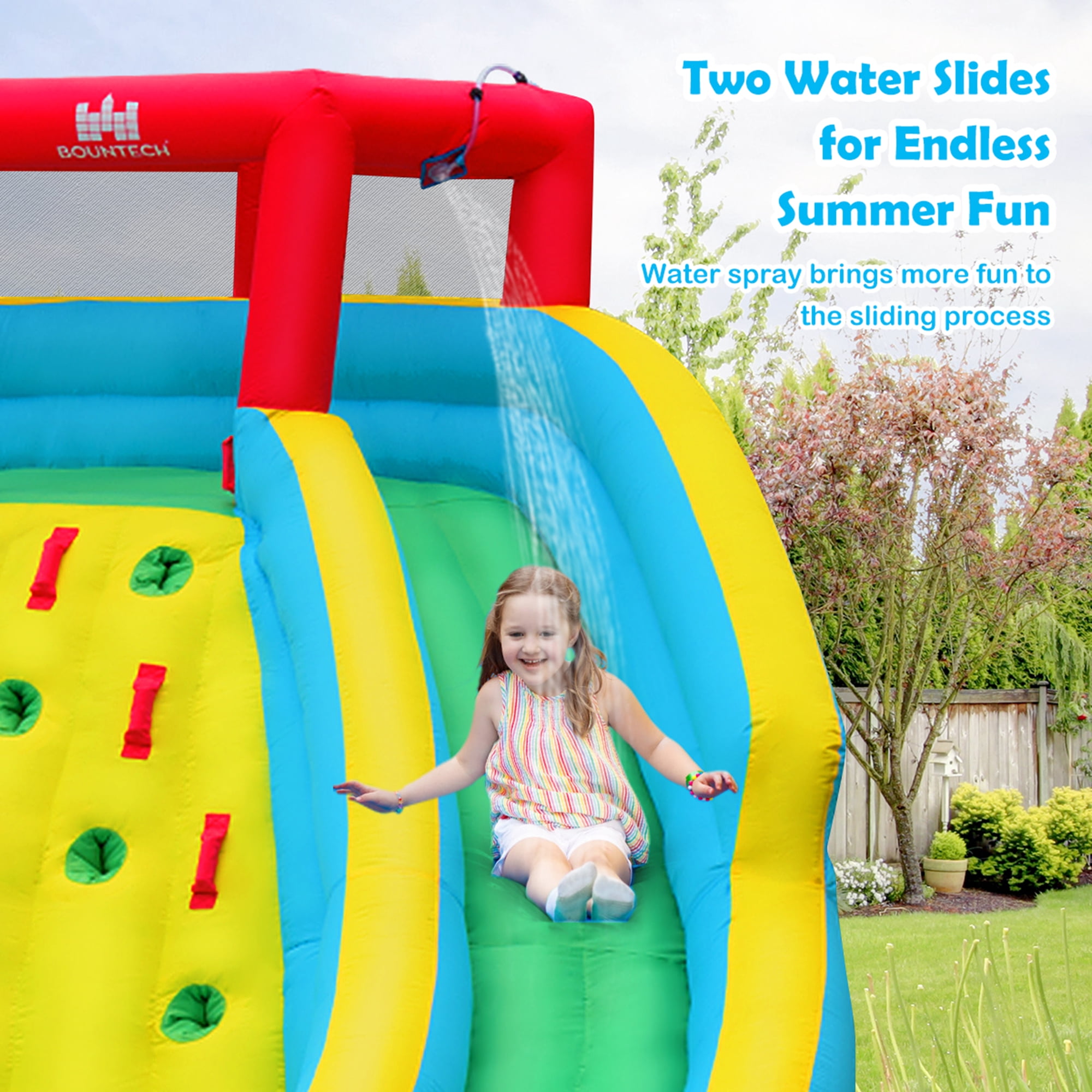 Gymax Inflatable Mighty Water Park Bouncy Splash Pool Climbing Wall w/ 735W Blower