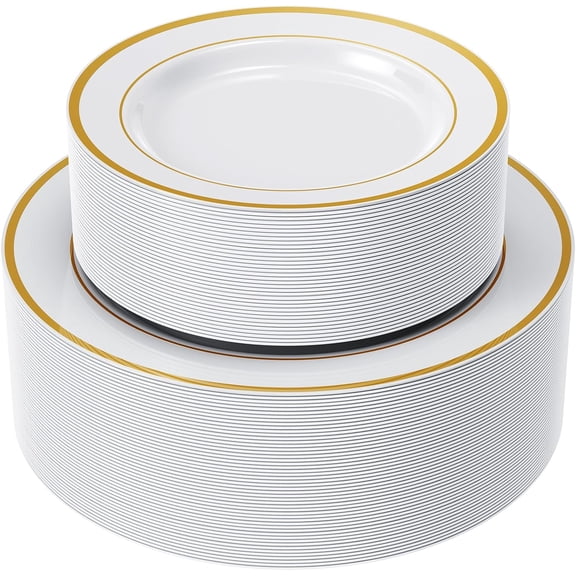 Gold Plastic Plates Set of 102, Disposable Heavy Duty 51 Dinner Plates and 51 Dessert Plates, Elegant Fancy Plastic Plate with Gold Rim for Wedding Party Plate