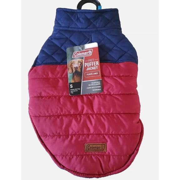 LARGE COLEMAN PET DOG PUFFER JACKET FLEECE LINED REVERSIBLE ADJUSTABLE RED/BLUE