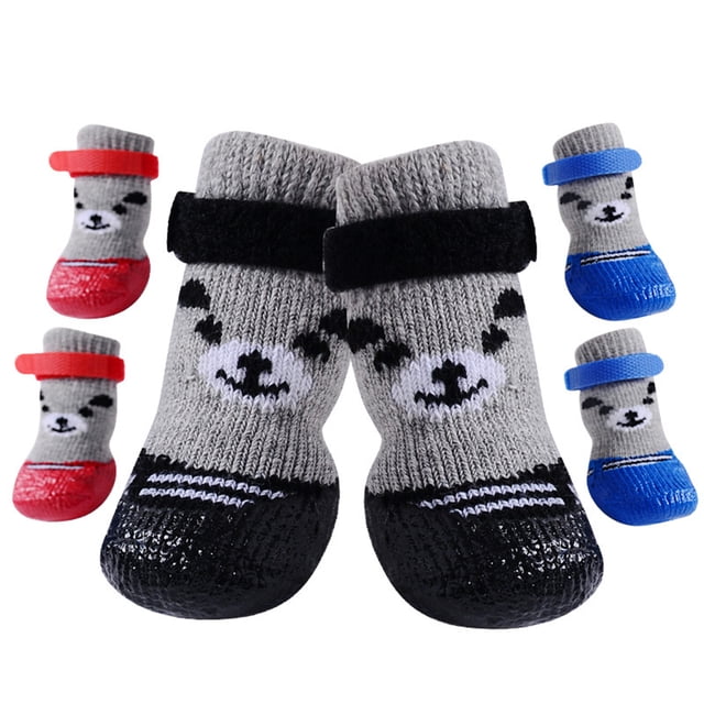 Flmtop 4Pcs/Set Intérieur Extérieur Anti-Dérapant Semelle en Silicone Chien Chiot Chat Bottes Chaussettes Rouge
