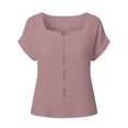 thumbnail image 4 of Women's Solid Linen Short Sleeve U-Neck Button Top Summer T-Shirt, 4 of 9