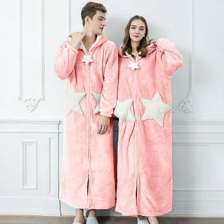 

Tangnade Sleepwear for Women Night Gown Female Star Coral Fleece Thickened Autumn And Winter Long Outer Wear Home Service Pink L