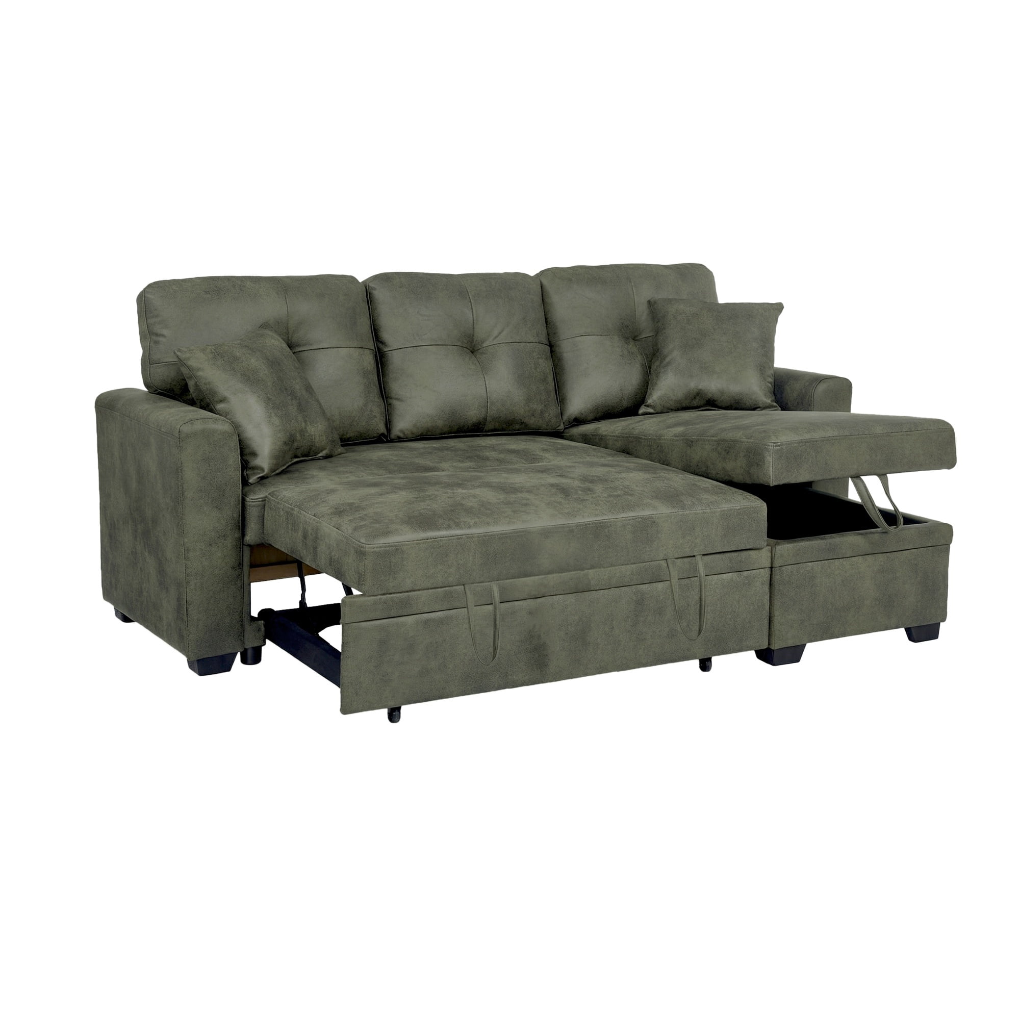 Pull-Out Convertible PU Leather Sectional Sofa Set with Reversible Chaise Lounge, Sleeper Loveseat Couch with Hidden Storage