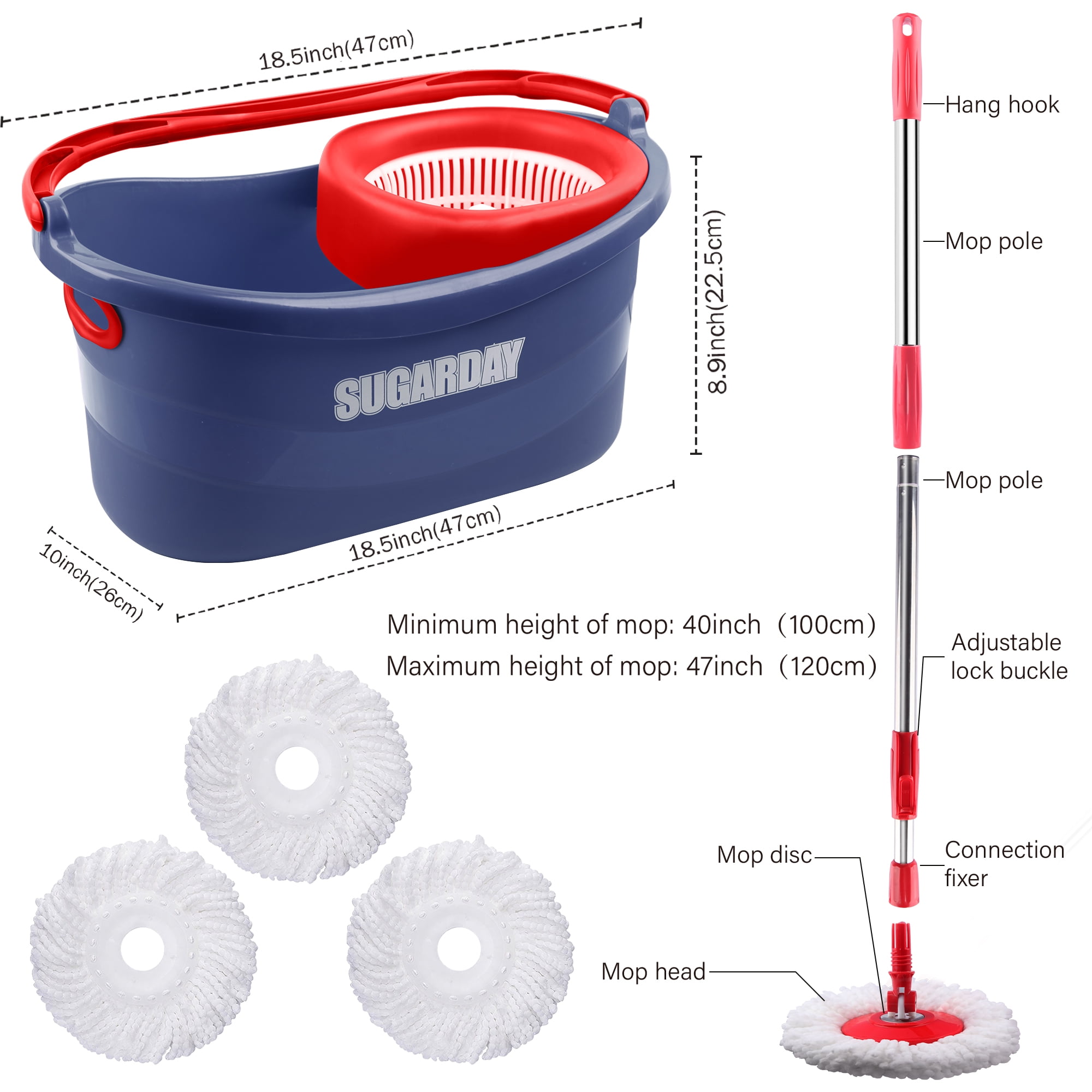 SUGARDAY Spin Mop and Bucket System with Wringer Set for Floors
