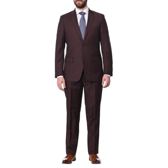 Mens Classic Fit Two Button 100% Wool Wrinkle Resistant Suit - Solid Brown